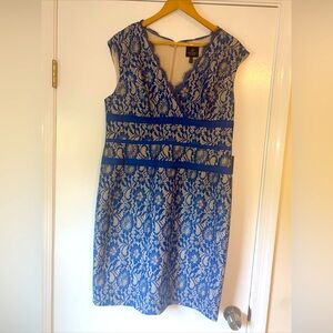 NWT Adrianna Papell size 16 metallic lace ribbon detail sleeveless dress in blue
